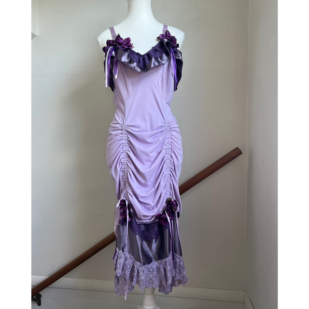 Juliet Ruched Midi Dress Purple Lace Floral Tassel Whimsygoth Coquette Fairy